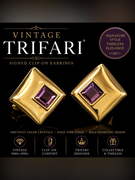Trifari Jewelry - Vintage Signed Trifari Gold Tone Amethyst Crystal Clip On Earrings ⭐